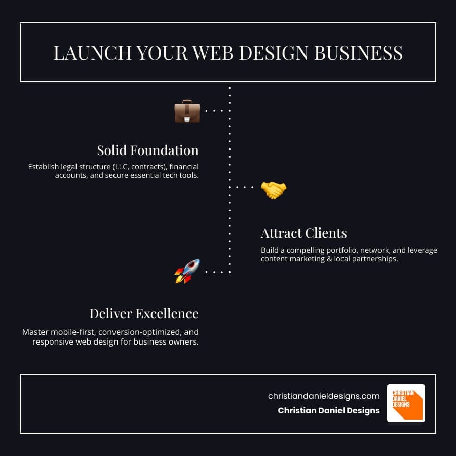 Infographic showing the 5 key steps to launch a web design business: 1) Legal and financial setup with LLC formation and contracts, 2) Essential equipment including computer and design software, 3) Building portfolio through personal projects and networking, 4) Marketing through content creation and local partnerships, 5) Service delivery focused on mobile-first responsive design - web design for business owners infographic infographic-line-3-steps-dark