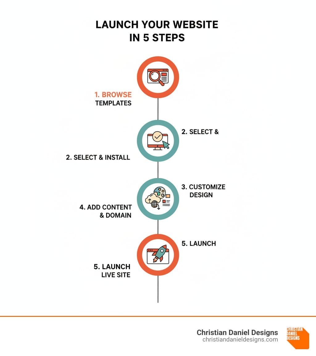 Infographic showing the 5-step process from choosing a Squarespace design to launching: 1. Browse templates by industry and style, 2. Select and install your chosen design, 3. Customize colors, fonts, and layouts, 4. Add your content and connect your domain, 5. Launch your live website - Squarespace Designs infographic 