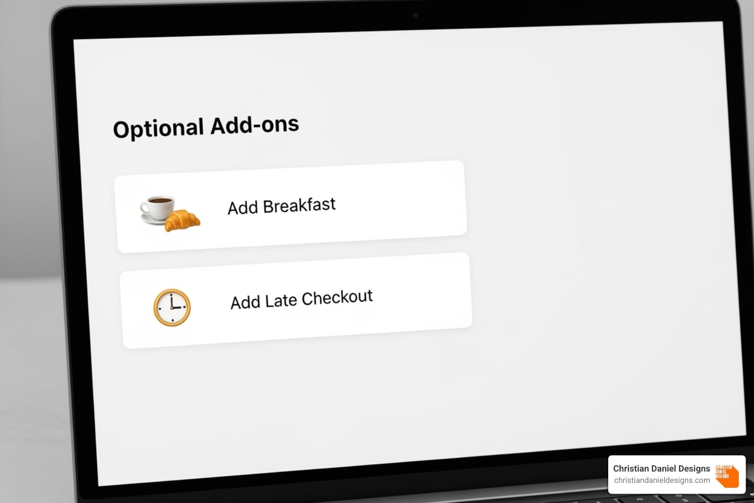 booking engine screen showcasing attractive upsell options like 'Add Breakfast' or 'Late Checkout' - Custom booking engine