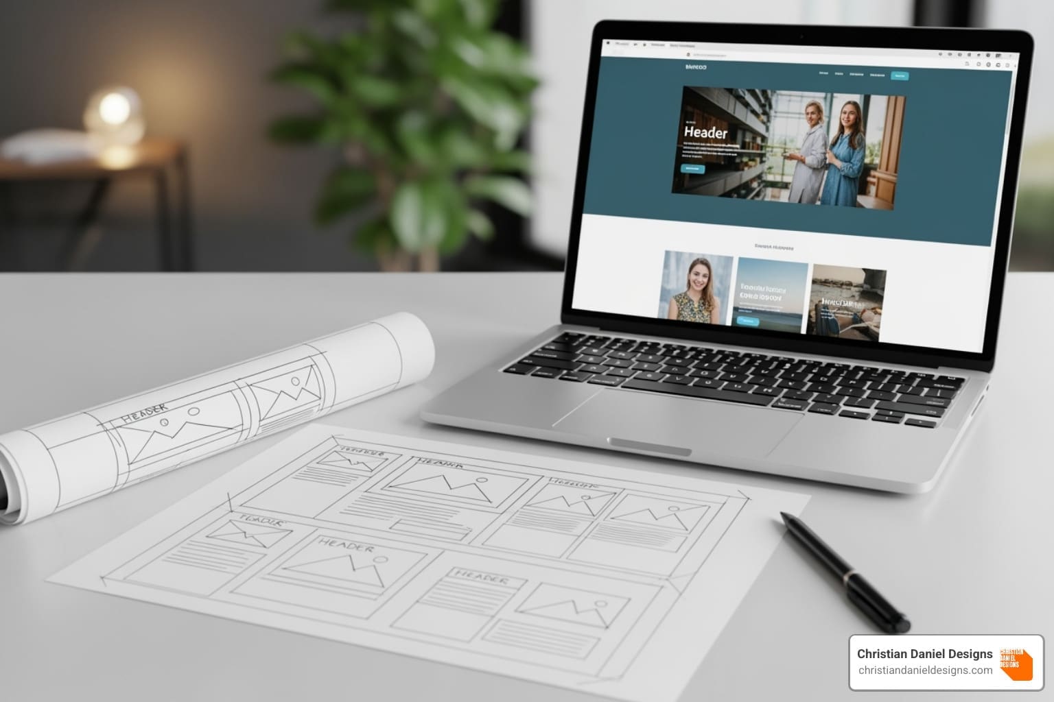 wireframe sketch next to a finished website on a laptop - web designer