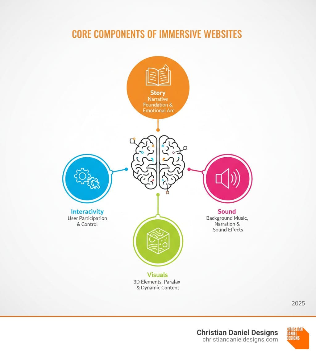 Infographic showing the four core components of immersive websites: Story (narrative foundation and emotional arc), Interactivity (user participation and control), Visuals (3D elements, parallax effects, and dynamic content), and Sound (background music, narration, and sound effects) - Immersive website experiences infographic 