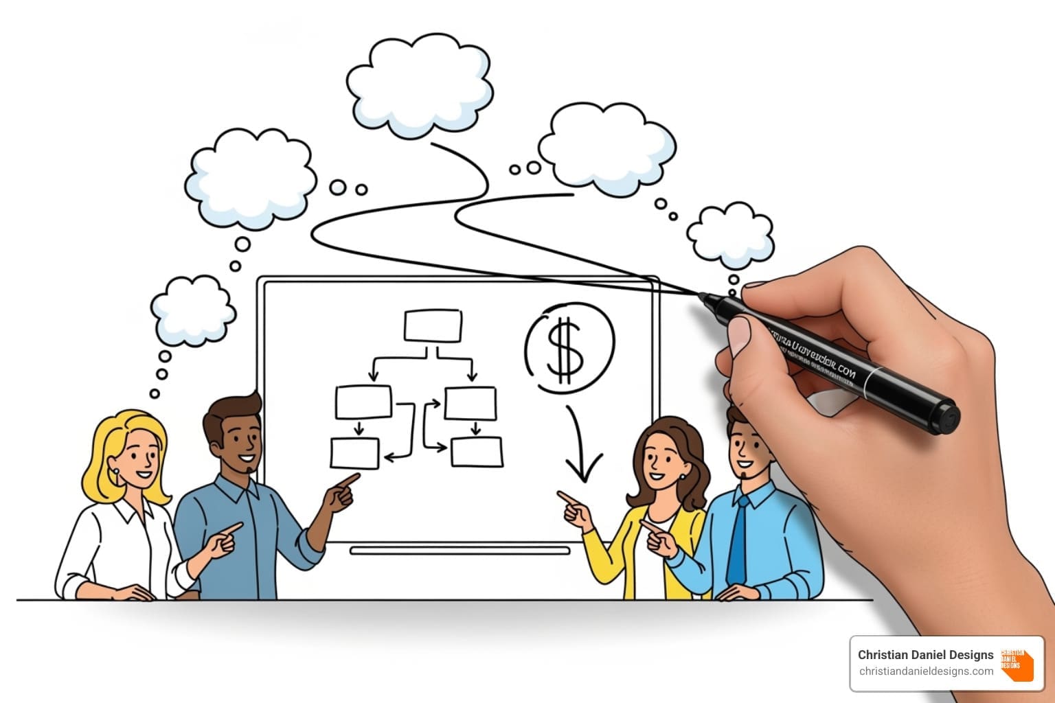 A split screen image. On the left, a simple, black and white template-based whiteboard animation with basic stick figures. On the right, a detailed, custom whiteboard animation with branded colors, intricate illustrations, and dynamic character expressions. - affordable whiteboard animation