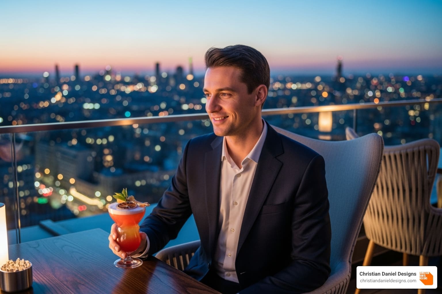 guest enjoying a unique hotel amenity like a rooftop bar with a signature cocktail - Hospitality branding solutions