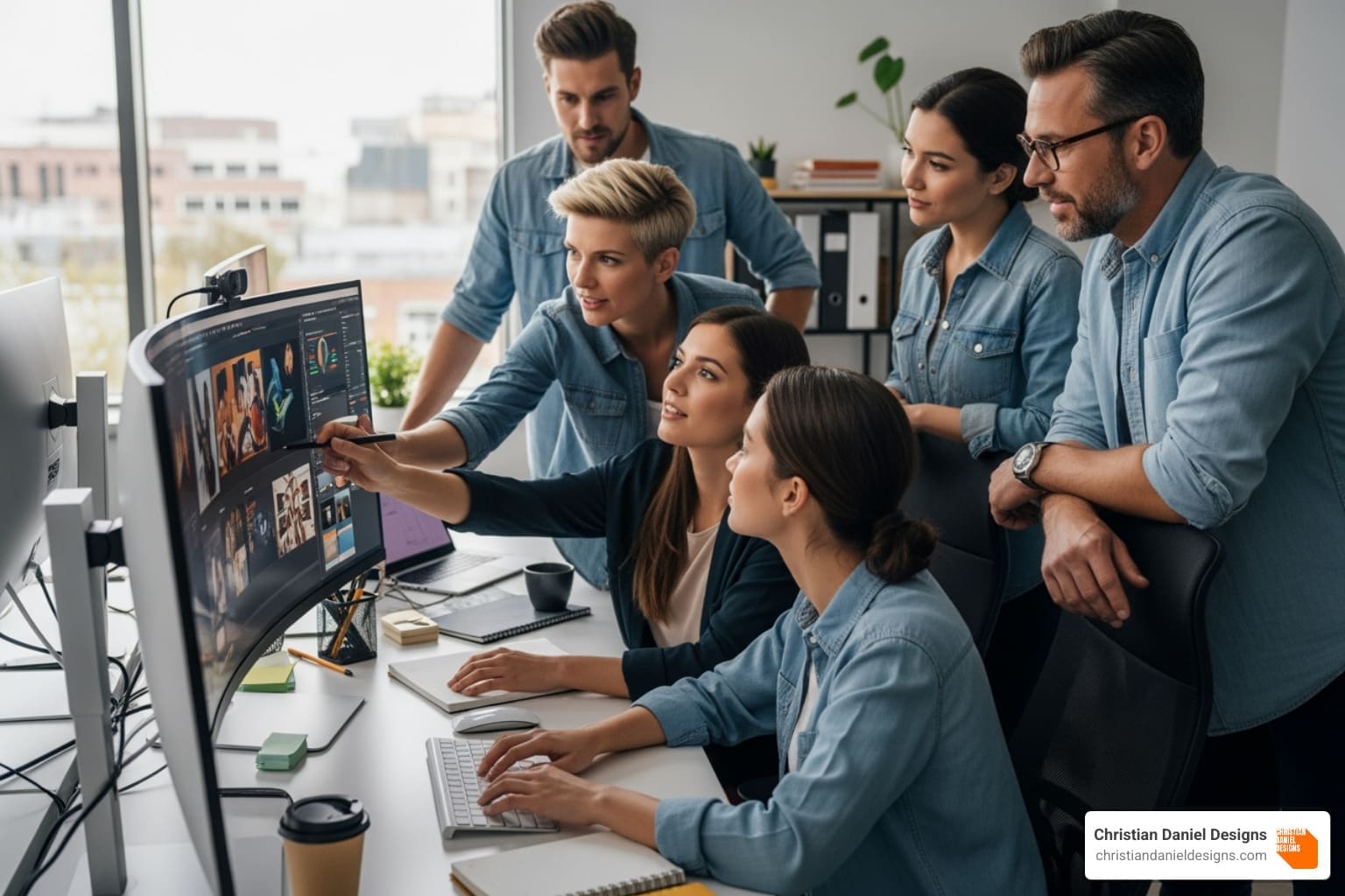 creative team collaborating around a monitor - video editing services nyc