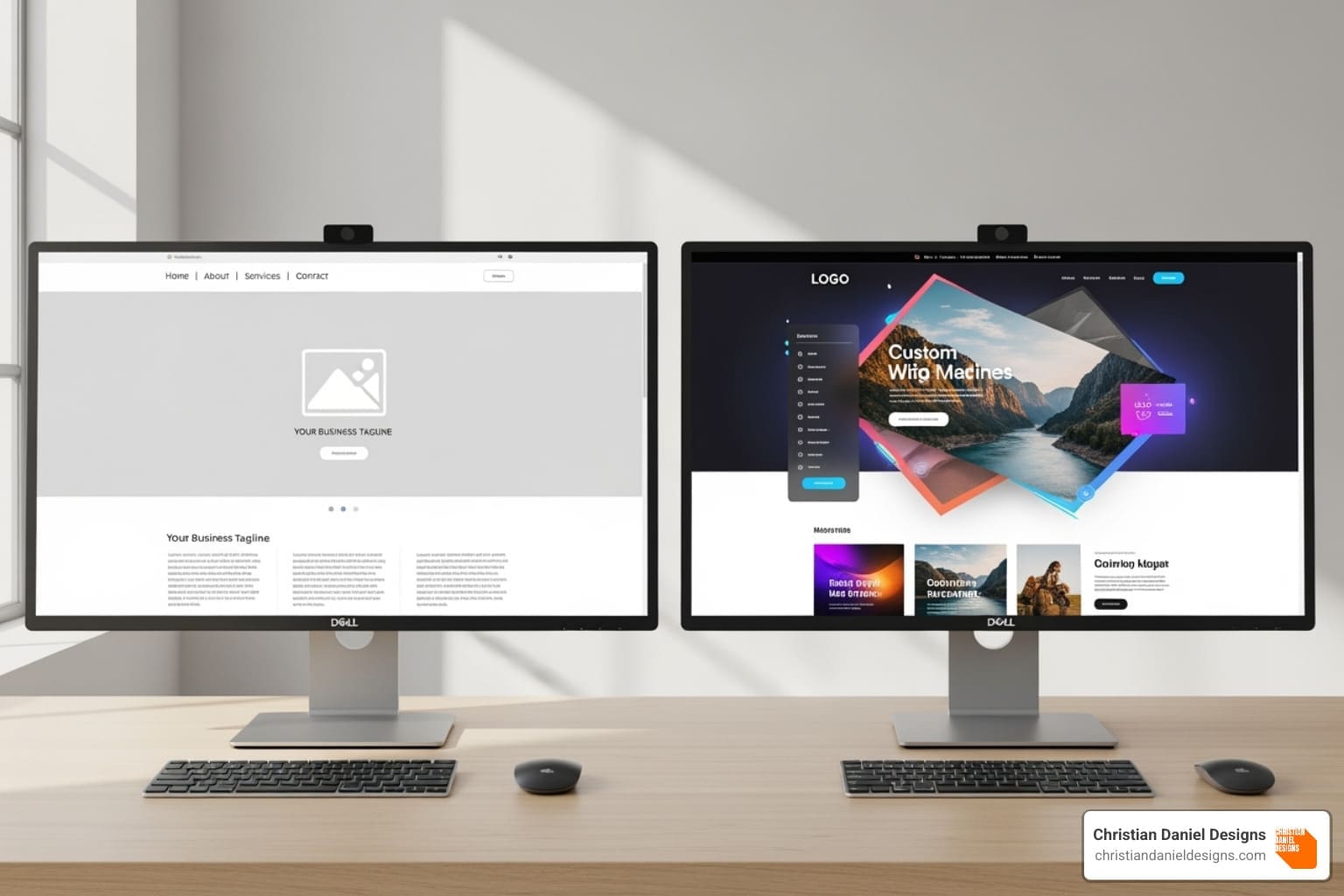 comparison of a generic template vs a highly customized squarespace site - square space website designer