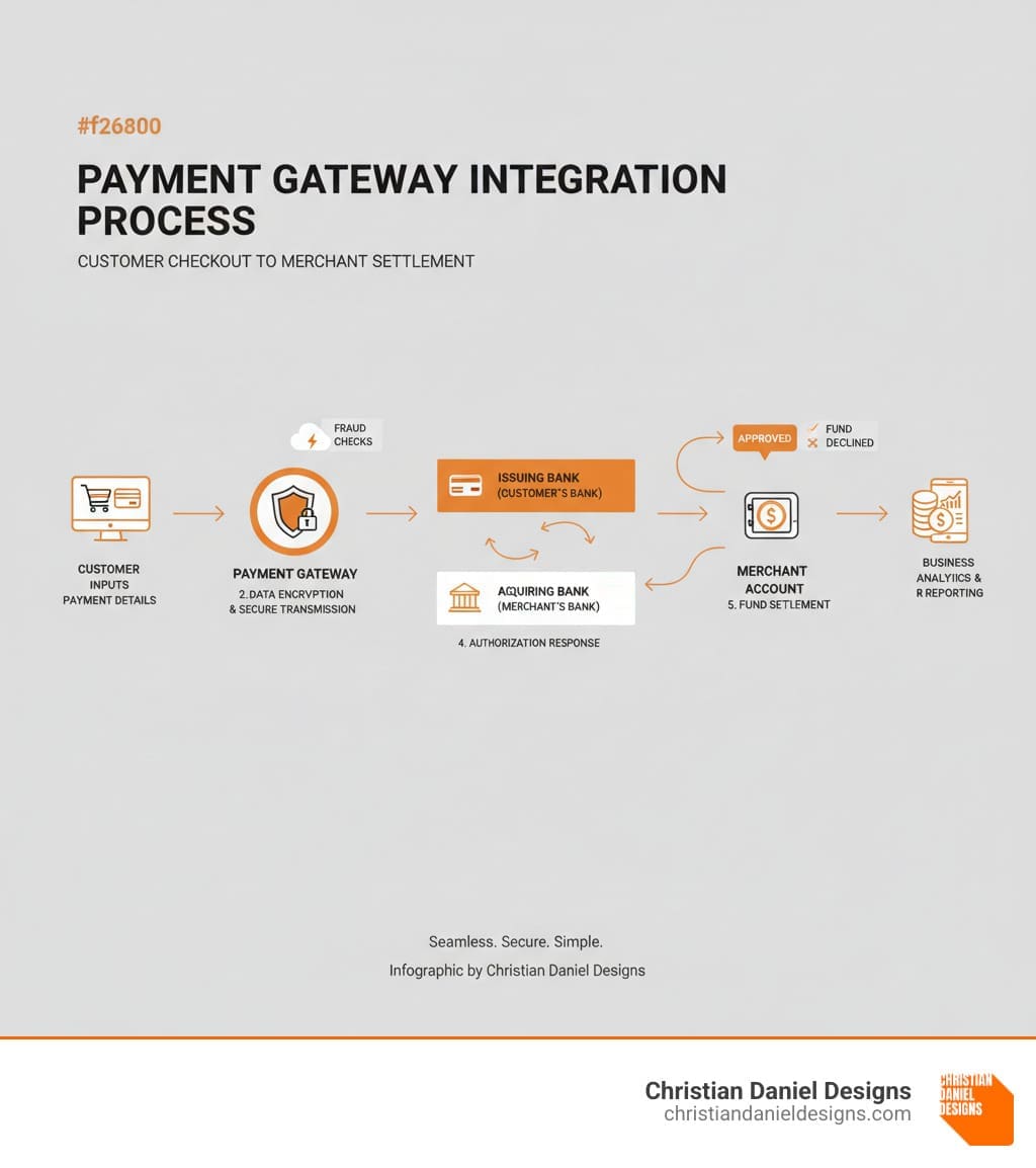 infographic showing the payment gateway integration process from customer checkout through authorization to merchant settlement - Payment gateway integration infographic 