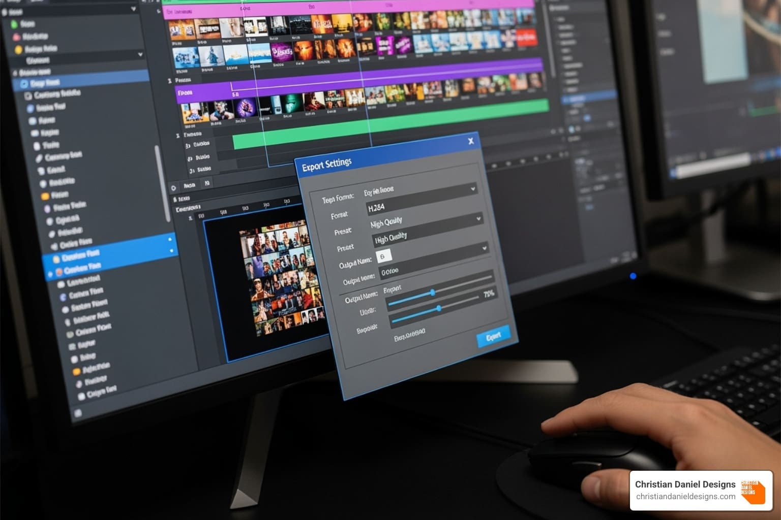 Premiere Pro Export Mode window with key areas highlighted including format, preset, output name, and preview panel - Exporting video Premiere Pro