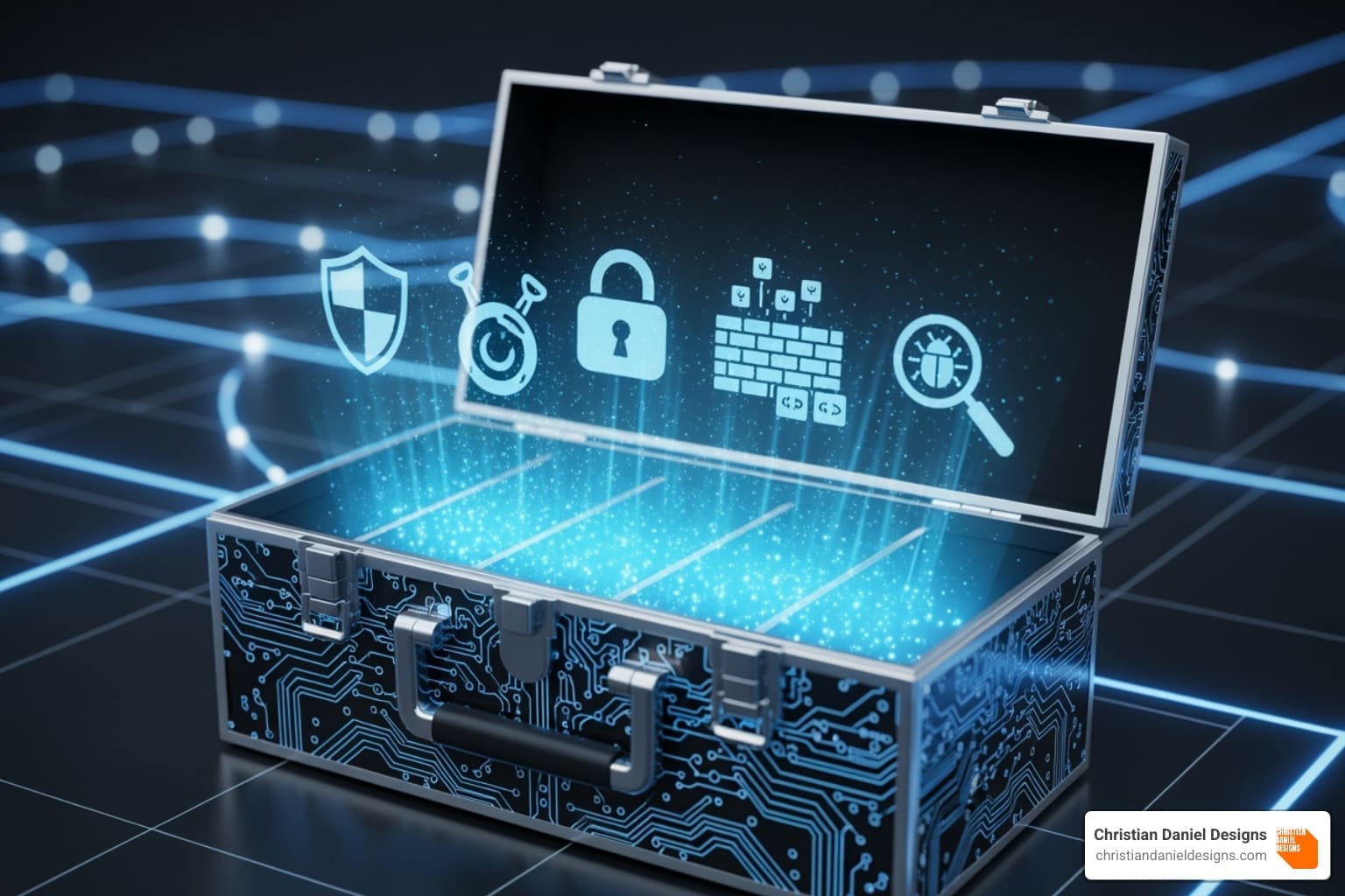 a digital toolbox with various security icons - Website security audits