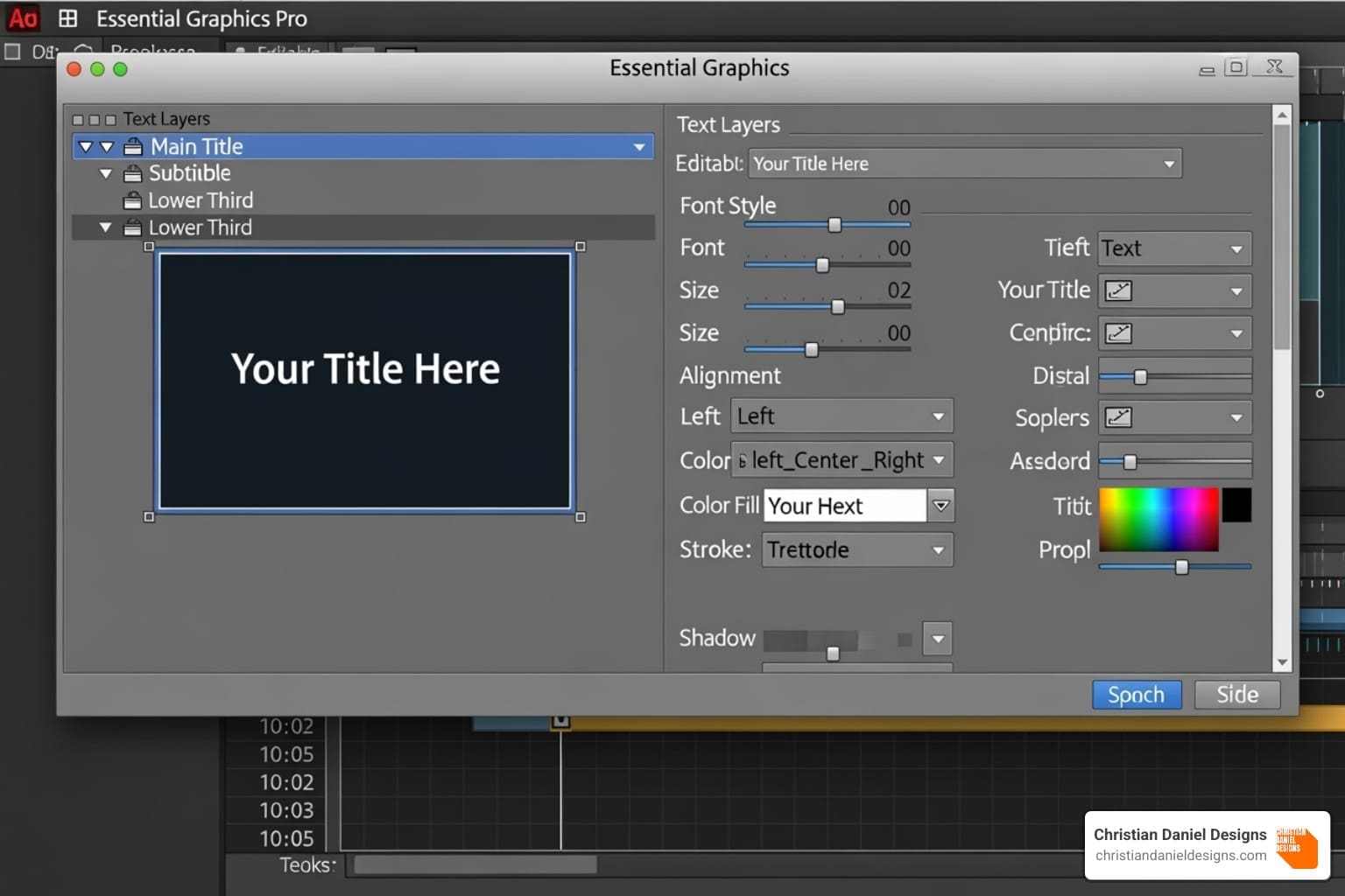 Essential Graphics panel showing title creation tools - Film editing Premiere Pro