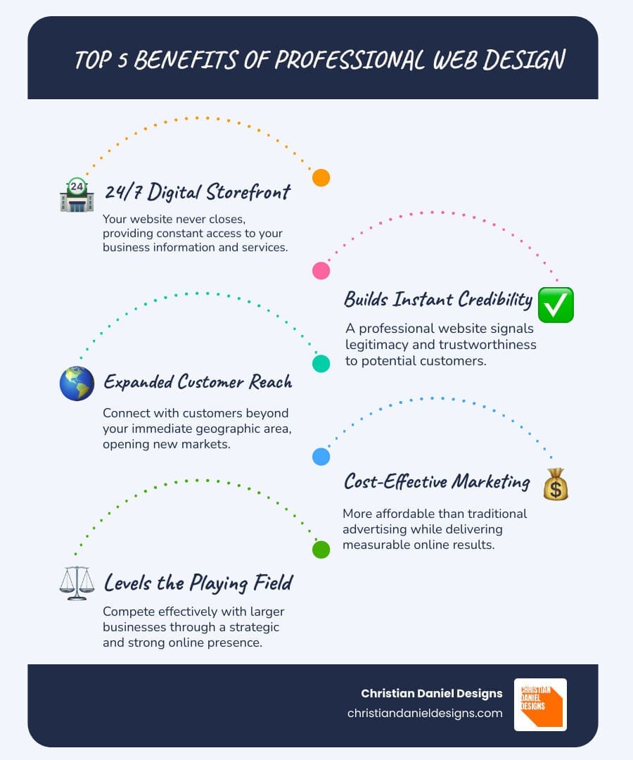 infographic showing the top 5 benefits of professional web design for small business: 24/7 availability as a digital storefront, builds instant credibility and trust with customers, expands reach beyond geographic limitations, provides cost-effective marketing compared to traditional advertising, and levels the playing field to compete with larger competitors - web design for small business infographic infographic-line-5-steps-blues-accent_colors