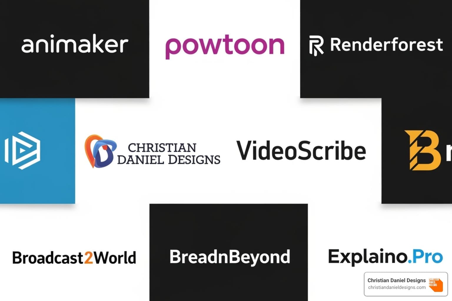 A collage of logos for Animaker, Powtoon, Renderforest, VideoScribe, Christian Daniel Designs, Broadcast2World, BreadnBeyond, and Explaino.Pro. - affordable whiteboard animation