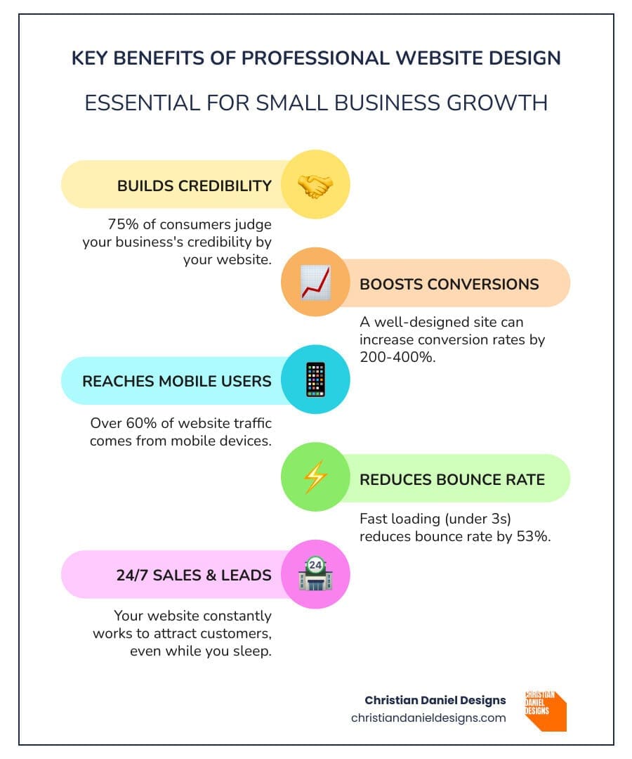 Infographic showing the key benefits of professional website design for small businesses: builds credibility and trust with 75% of consumers judging your business by your site, increases conversion rates by 200-400%, reaches over 60% of customers browsing on mobile devices, reduces bounce rate by 53% with fast loading under 3 seconds, and serves as a 24/24 sales and lead generation tool that works while you sleep - website design for small business owners infographic infographic-line-5-steps-colors