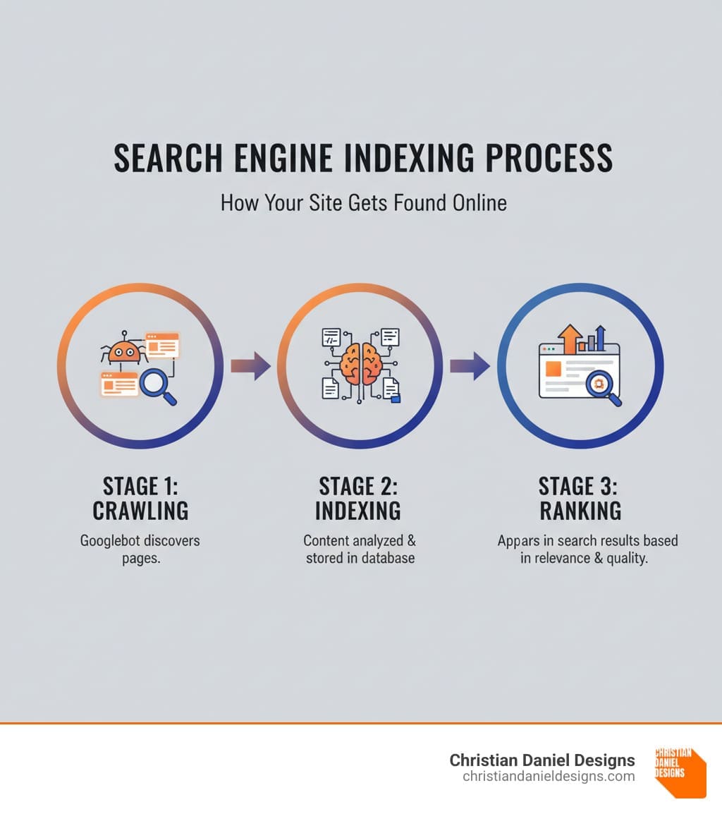 infographic showing the three-stage process of search engine indexing: stage 1 crawling with googlebot discovering pages, stage 2 indexing with content analyzed and stored in google's database, and stage 3 ranking with pages appearing in search results based on relevance and quality - indexing sites infographic 