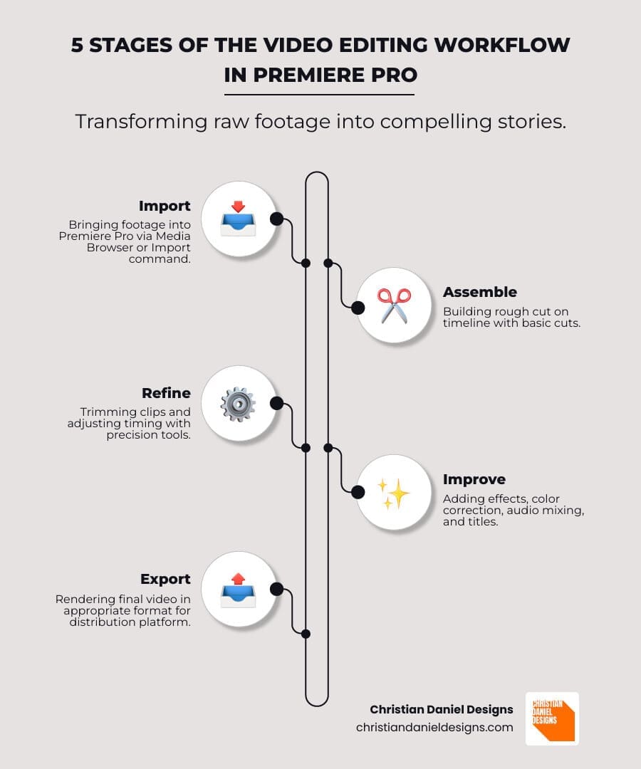 Film editing workflow infographic showing five stages: Import (bringing footage into Premiere Pro via Media Browser), Assemble (building rough cut on timeline with basic cuts), Refine (trimming clips and adjusting timing with precision tools), Improve (adding effects, color correction, audio mixing, and titles), and Export (rendering final video in appropriate format for distribution platform) - Film editing Premiere Pro infographic infographic-line-5-steps-elegant_beige